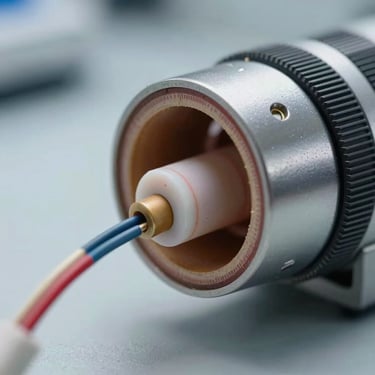 Cross-section macro photograph of a custom temperature sensor probe, showing the internal ceramic thermistor element and lead wires, sterile cool laboratory lighting, precise engineering details.
