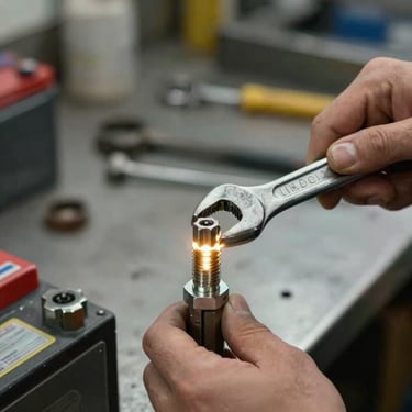 Tight close-up of a battery terminal connection point being torqued by a technician's hand holding a wrench, warm workshop tungsten light reflecting off the lead terminal post, workshop tools and a metal workbench visible in the soft background, industrial documentary framing