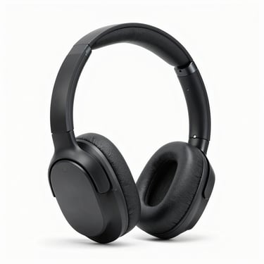 Sleek matte black wireless noise-canceling headphones on a pure white background, crisp studio lighting, modern tech aesthetic