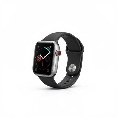 Minimalist smart watch with a black silicone band displaying health metrics, high-key studio lighting, clean tech aesthetic