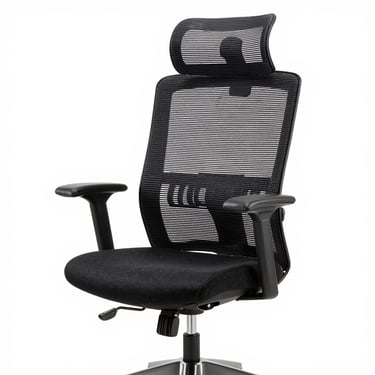 A modern ergonomic office chair, clean high-key studio lighting, white background