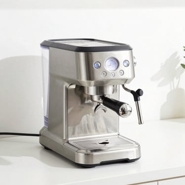 Stainless steel compact espresso machine with a steaming wand on a clean white countertop, bright natural daylight, sharp focus