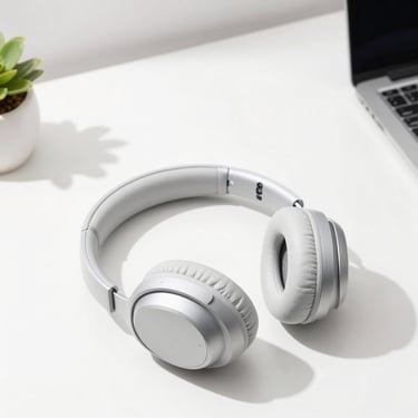 Wireless over-ear headphones on a minimalist desk setup, soft natural daylight, crisp details