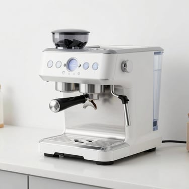 A sleek modern espresso machine on a clean white kitchen counter, bright studio lighting, sharp focus