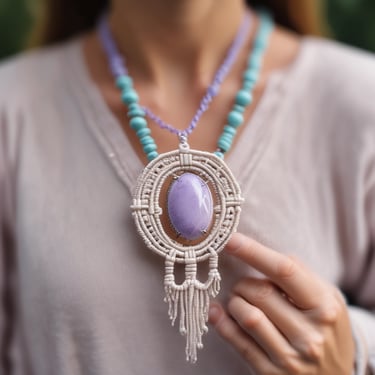 collar de macramé en colores turquesa y malva 
