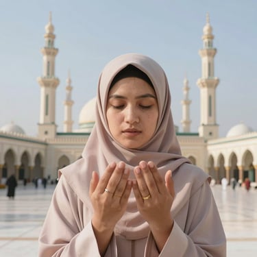 A Muslim woman in a black hijab prays in front of the Holy Kaaba in Mecca during Hajj pilgrimage.