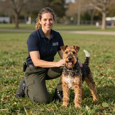 Candid portrait of a smiling female handler kneeling beside an alert terrier in a grassy park, eye-level, warm daylight