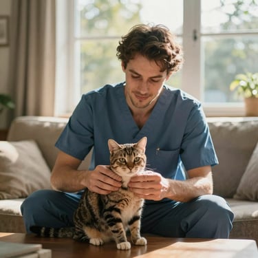 Candid portrait of a male caregiver gently playing with a tabby cat in a sunlit living room, warm window light