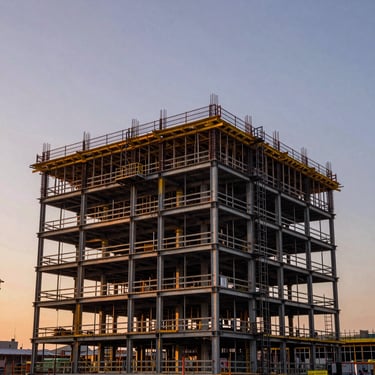 Organized construction site showing active steel framing of a mid-rise structure against a sunset sky.