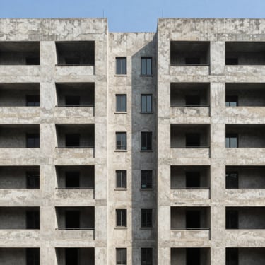 Symmetrical elevation of a six-story concrete mixed-use development, raw texture, sharp daylight.