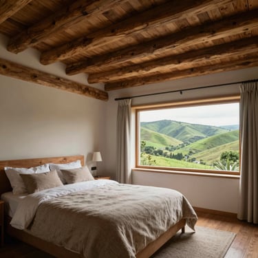 An airy bedroom with exposed wooden rafters, neutral textiles, and a low window overlooking rolling green hills.