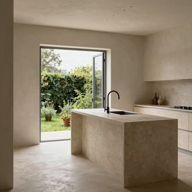 A minimalist kitchen with a solid stone island, soft plaster walls, and a glass door opening to a small herb garden.