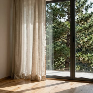 A sunlit living room with raw linen curtains, wooden floorboards, and a large window framing green pine trees.