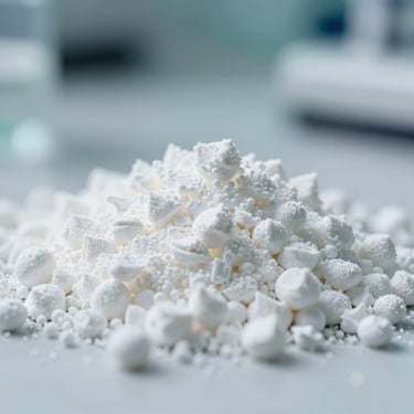 Extreme macro shot of high-purity white Urea prills in a modern laboratory setting, sharp focus, clean teal lighting.