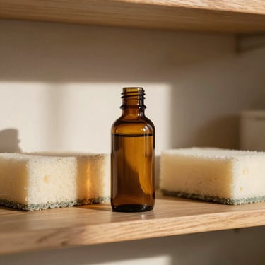 A wooden shelf with amber glass bottles of baby oil and natural sea sponges, soft shadows, warm daylight.