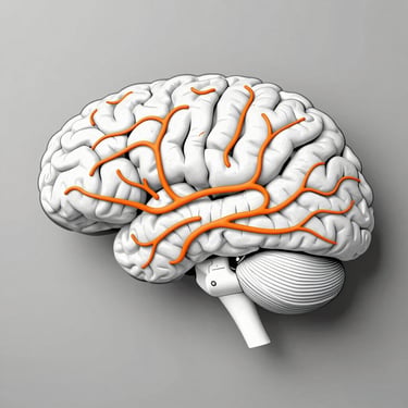 A minimalist vector diagram showing a clean, high-contrast brain activation map with sharp orange lines representing focus pathways.