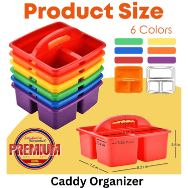 Stackable plastic classroom storage caddies in rainbow colors with product dimensions for school supplies.