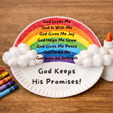 Rainbow paper plate craft with cotton clouds and “God Keeps His Promises” for Sunday school kids.