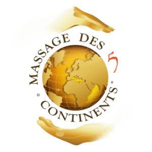 Logo du Massage des 5 Continents montrant un globe doré entouré de deux mains protectrices.