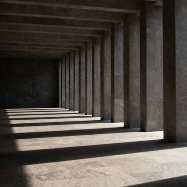 Wide structured architectural space with deep charcoal tones, sharp directional light casting deep clean shadows, conveying absolute precision and boundaries.