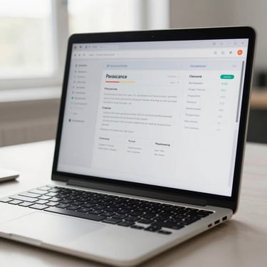 Close-up of a secure, high-end laptop showing clean compliance dashboards, bright daylight-balanced studio lighting, cool undertones, professional and distraction-free.