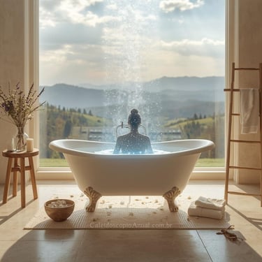 Banho purificação energética: banheira com sal ervas florais vela vista montanhas luz natural cura.