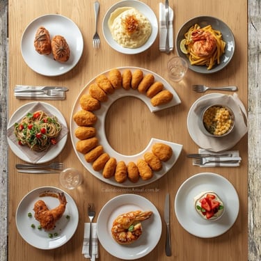 Letra C culinária: coxinha canjica carbonara croissant caprese cocada camarão cuscuz mesa clara elegante receitas