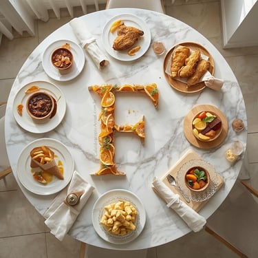 Pratos Letra F culinária: feijoada frango frito farofa fritas focaccia flan frutas frescas mesa clara elegante receitas