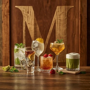 Bebidas M: mojito macallan margarita martini mai tai malibu mate morango mimosa matcha bar rústico natural orgânico quente