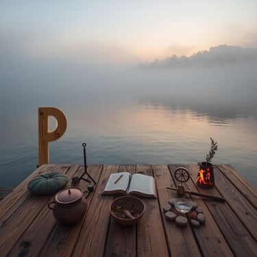 Ritos P: presença plena purificação poesia sagrada pedras intenção prece percepção pier lago névoa amanhecer ritual simbólico