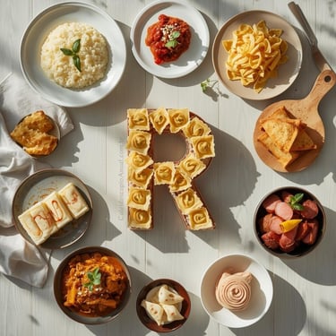 Pratos Letra R culinária: risotto ravioli ragu romeu julieta risoles ratatouille rocambole mesa clara elegante receitas