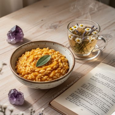 Risoto de Abóbora com Sálvia, servido numa cerâmica, ao lado de duas ametista, uma xícara transparente de chá de Camomila.