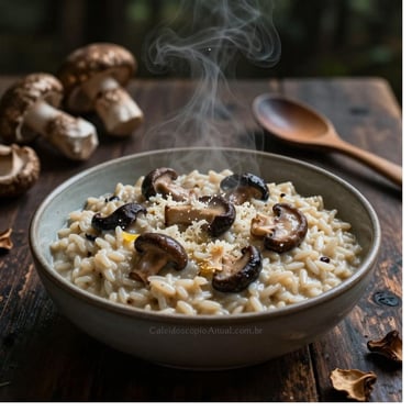 Risoto cogumelos selvagens: prato cremoso arroz arbóreo terroso lua mistérios terra conforto alma