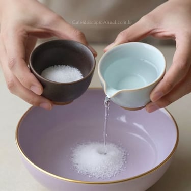 Duas mãos seguram duas xícaras de cerâmica simples e belas. Uma de cor escura com sal e outra clara com água.