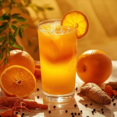 Suco laranja cenoura açafrão: bebida solar energética vitaminas vitalidade cúrcuma anti-inflamatório