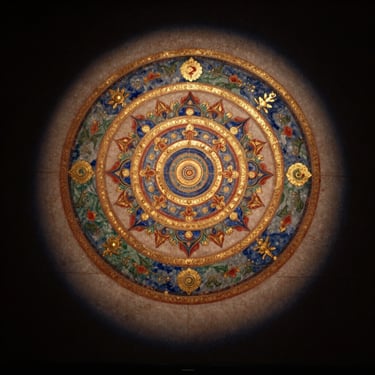 Macro shot of a 15th-century Tibetan mandala, mineral pigments on cotton, gold leaf details, dramatic gallery spotlight casting deep shadows, 50mm lens