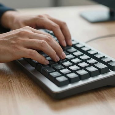 A tight macro shot of professional hands typing on a sleek mechanical keyboard, cool daylight highlighting clean office desk textures, no faces visible.