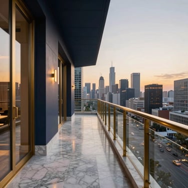 Tight architectural detail of a luxury penthouse balcony with marble flooring and brass railings, overlooking a modern city skyline at dusk