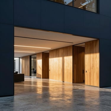 Modern minimalist corporate office lobby with polished concrete floors, oak wood paneling, and warm architectural lighting