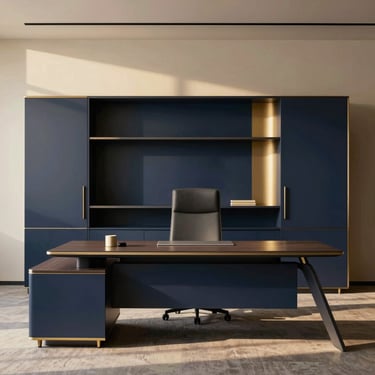 Premium executive office suite with minimalist desks and high-end finishes, clean lines, corporate prestige.