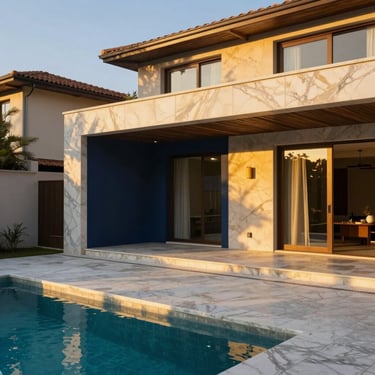 Elegant modern villa courtyard with marble tiles and clean pool water, warm golden-hour architectural photography.