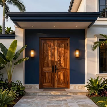 Elegant modern villa entrance with a massive teak wood door, stone path, and lush tropical landscaping under soft evening light