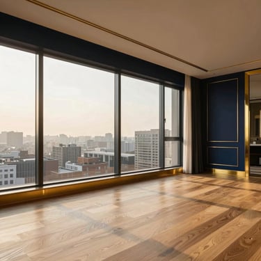 High-end penthouse interior with oak wood flooring and brass detailing, natural light pouring through floor-to-ceiling windows.
