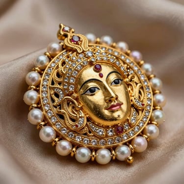 Extreme macro shot of a hand-carved gold mathapatti inlaid with flawless Polki diamonds and delicate South Sea pearls, resting on raw silk.