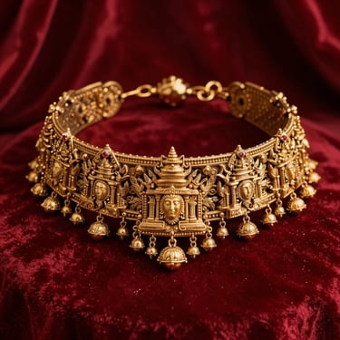 Regal bridal choker featuring intricate Temple motifs and heavy gold work, elegant red velvet background.