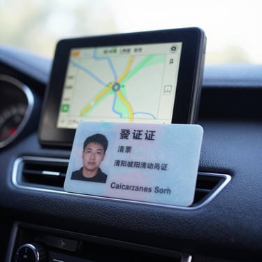 Close-up of a driver verification ID card with headshot and name badge resting on a dark navy dashboard, GPS screen visible in soft focus behind it, bright overcast daylight