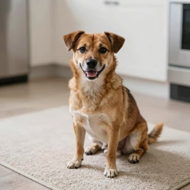 A happy small mixed-breed dog sitting peacefully on a clean kitchen rug, soft indoor daylight, authentic photo.