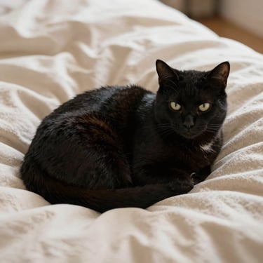 A relaxed black cat curled up on a cream-colored blanket, soft daylight, warm domestic atmosphere.