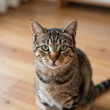Close-up portrait of a calm tabby cat sitting on a wooden floor, shallow depth of field, warm natural light.