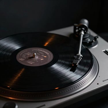 Close-up of a spinning black vinyl record on a high-end turntable, subtle orange LED light illuminating the groove, dark smoky atmosphere.